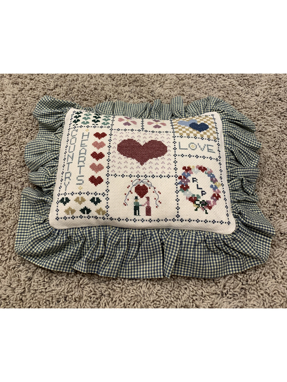 Cross Stitched Completed Country Hearts Love Couch Pillow